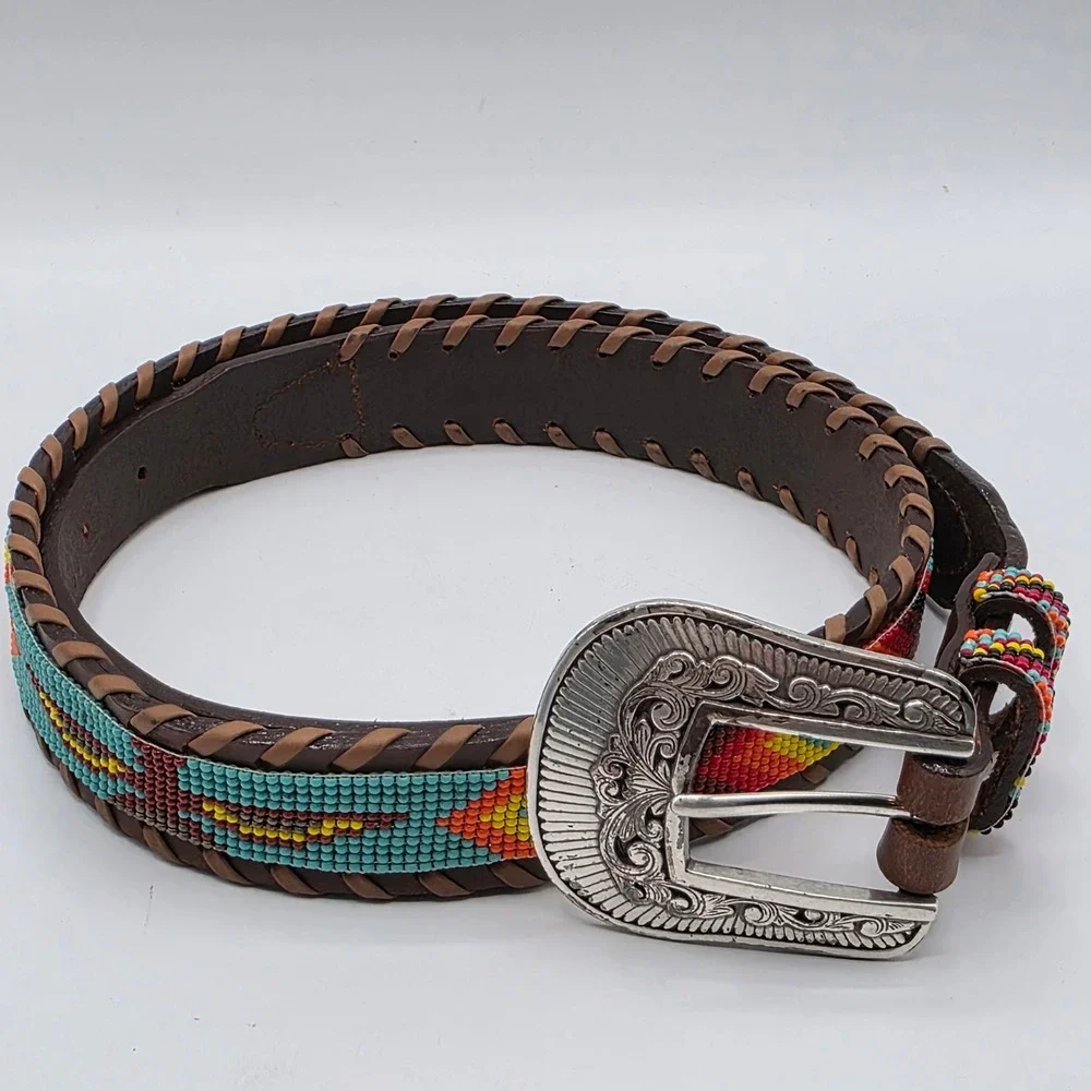 Stump Western Beaded Leather Belt Brown Southwestern Whipstitch‎ Buckle Size 36